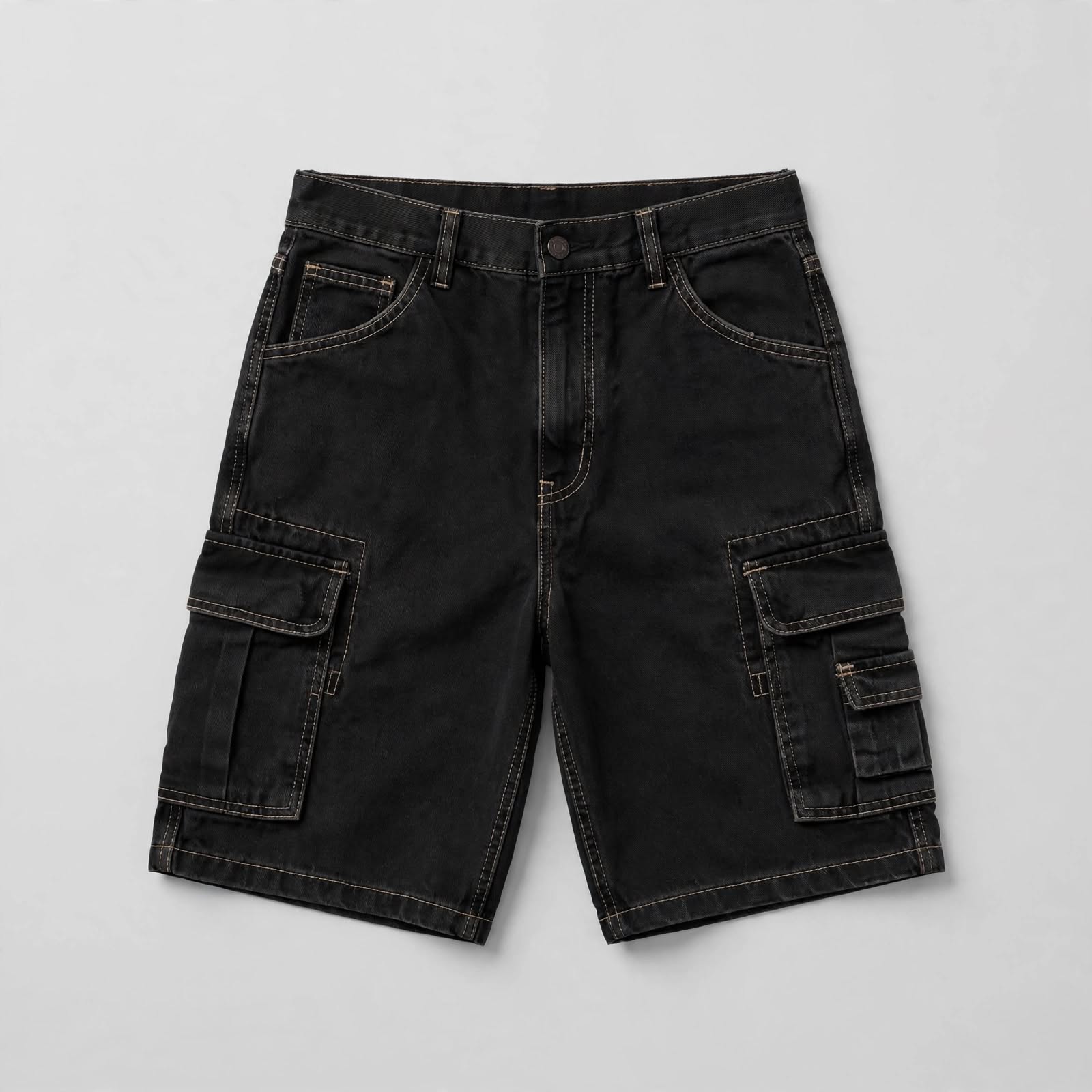 Cargo Denim Shorts with Contrast Stitching